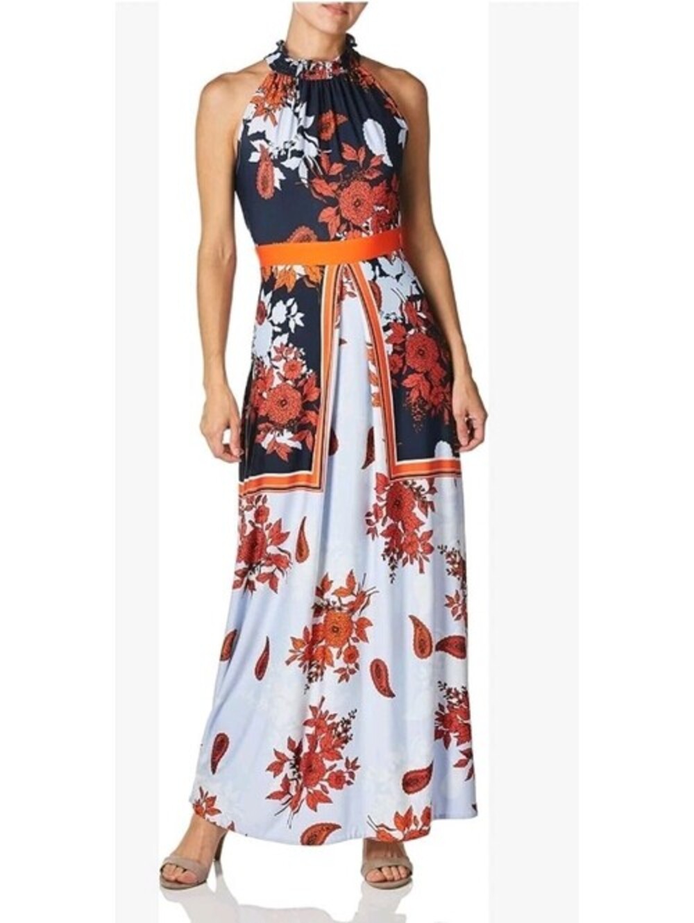 Gabby Skye Mock Neck Floral Print Maxi OrangeSize 6